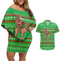 Djibouti Christmas Couples Matching Off Shoulder Short Dress and Hawaiian Shirt with Santa Riding Camel Palm Trees Red Camel - Wonder Print Shop