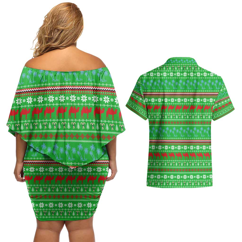 Djibouti Christmas Couples Matching Off Shoulder Short Dress and Hawaiian Shirt with Santa Riding Camel Palm Trees Red Camel - Wonder Print Shop