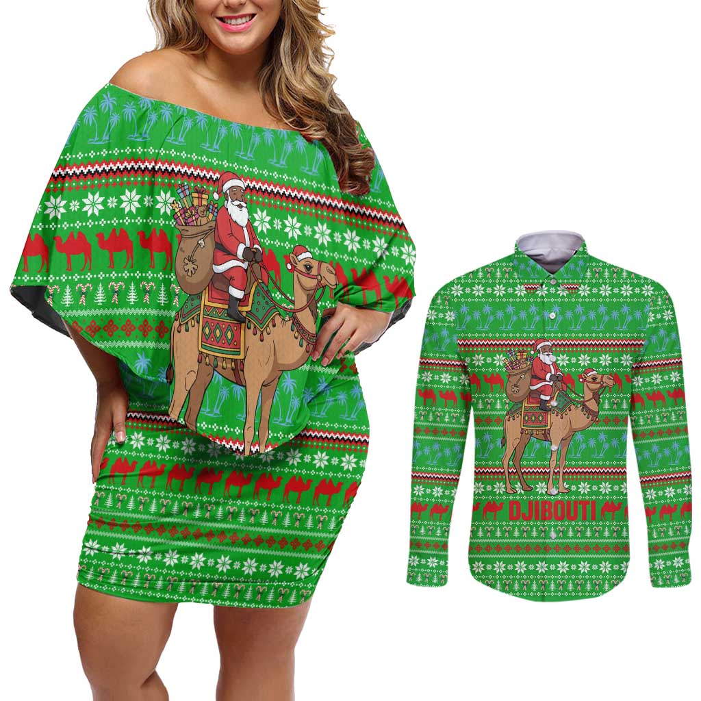 Djibouti Christmas Couples Matching Off Shoulder Short Dress and Long Sleeve Button Shirt with Santa Riding Camel Palm Trees Red Camel - Wonder Print Shop