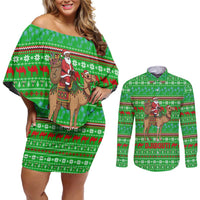 Djibouti Christmas Couples Matching Off Shoulder Short Dress and Long Sleeve Button Shirt with Santa Riding Camel Palm Trees Red Camel - Wonder Print Shop