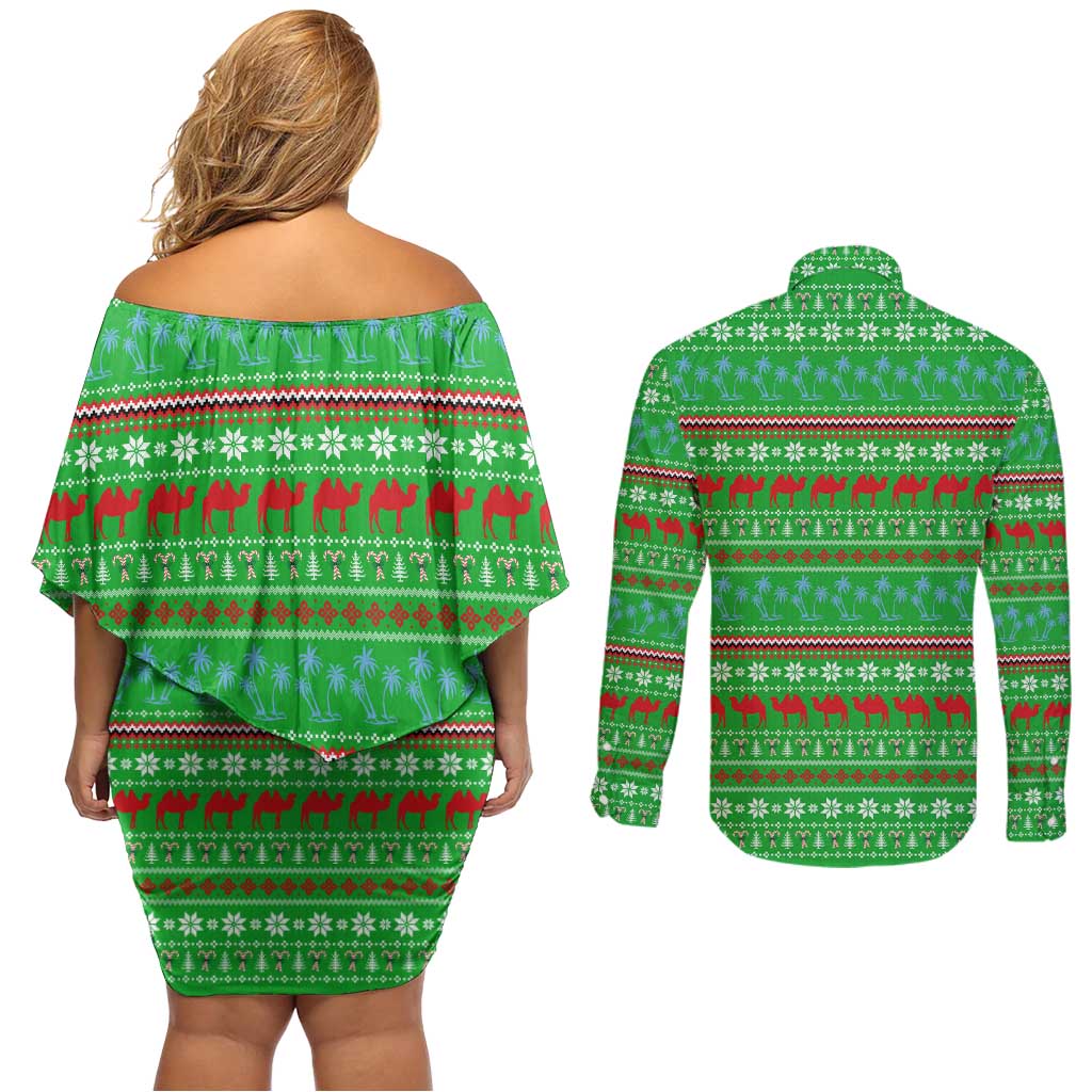 Djibouti Christmas Couples Matching Off Shoulder Short Dress and Long Sleeve Button Shirt with Santa Riding Camel Palm Trees Red Camel - Wonder Print Shop