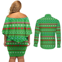 Djibouti Christmas Couples Matching Off Shoulder Short Dress and Long Sleeve Button Shirt with Santa Riding Camel Palm Trees Red Camel - Wonder Print Shop