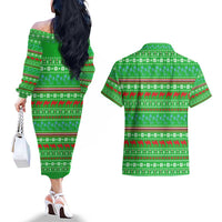 Djibouti Christmas Couples Matching Off The Shoulder Long Sleeve Dress and Hawaiian Shirt with Santa Riding Camel Palm Trees Red Camel - Wonder Print Shop