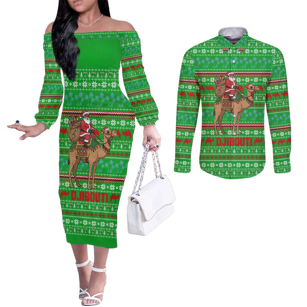 Djibouti Christmas Couples Matching Off The Shoulder Long Sleeve Dress and Long Sleeve Button Shirt with Santa Riding Camel Palm Trees Red Camel - Wonder Print Shop