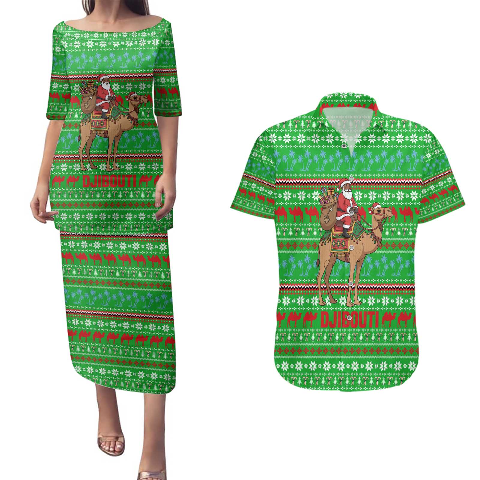 Djibouti Christmas Couples Matching Puletasi and Hawaiian Shirt with Santa Riding Camel Palm Trees Red Camel - Wonder Print Shop