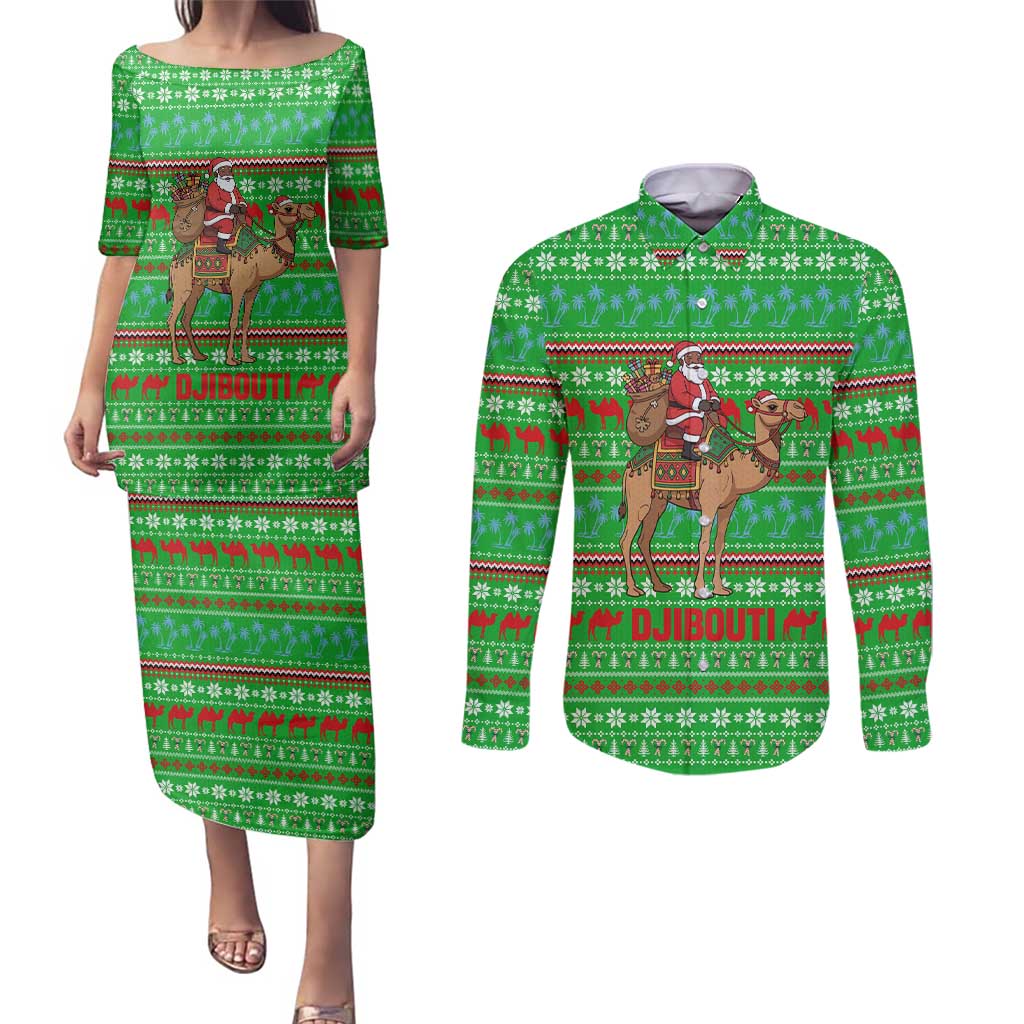 Djibouti Christmas Couples Matching Puletasi and Long Sleeve Button Shirt with Santa Riding Camel Palm Trees Red Camel - Wonder Print Shop