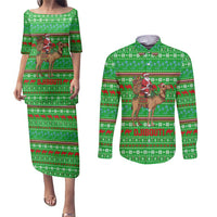 Djibouti Christmas Couples Matching Puletasi and Long Sleeve Button Shirt with Santa Riding Camel Palm Trees Red Camel - Wonder Print Shop