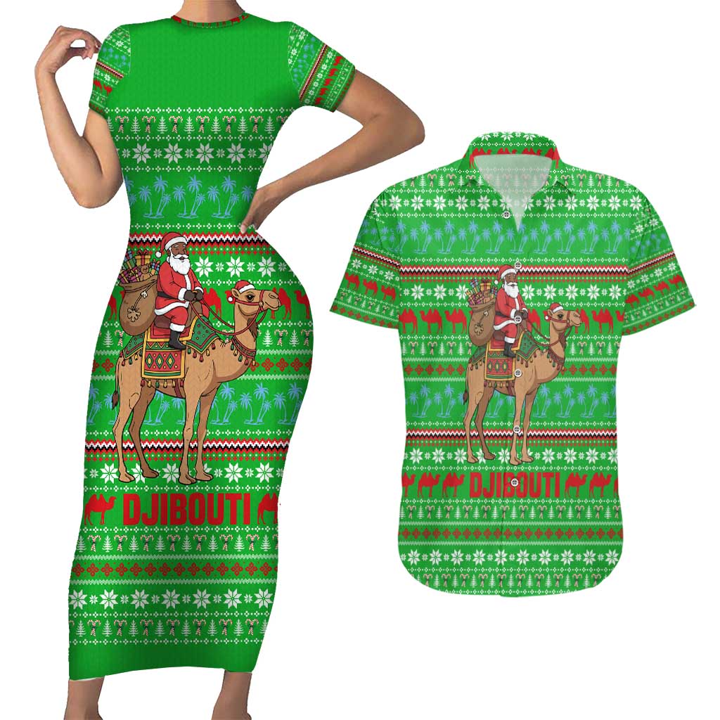 Djibouti Christmas Couples Matching Short Sleeve Bodycon Dress and Hawaiian Shirt with Santa Riding Camel Palm Trees Red Camel - Wonder Print Shop