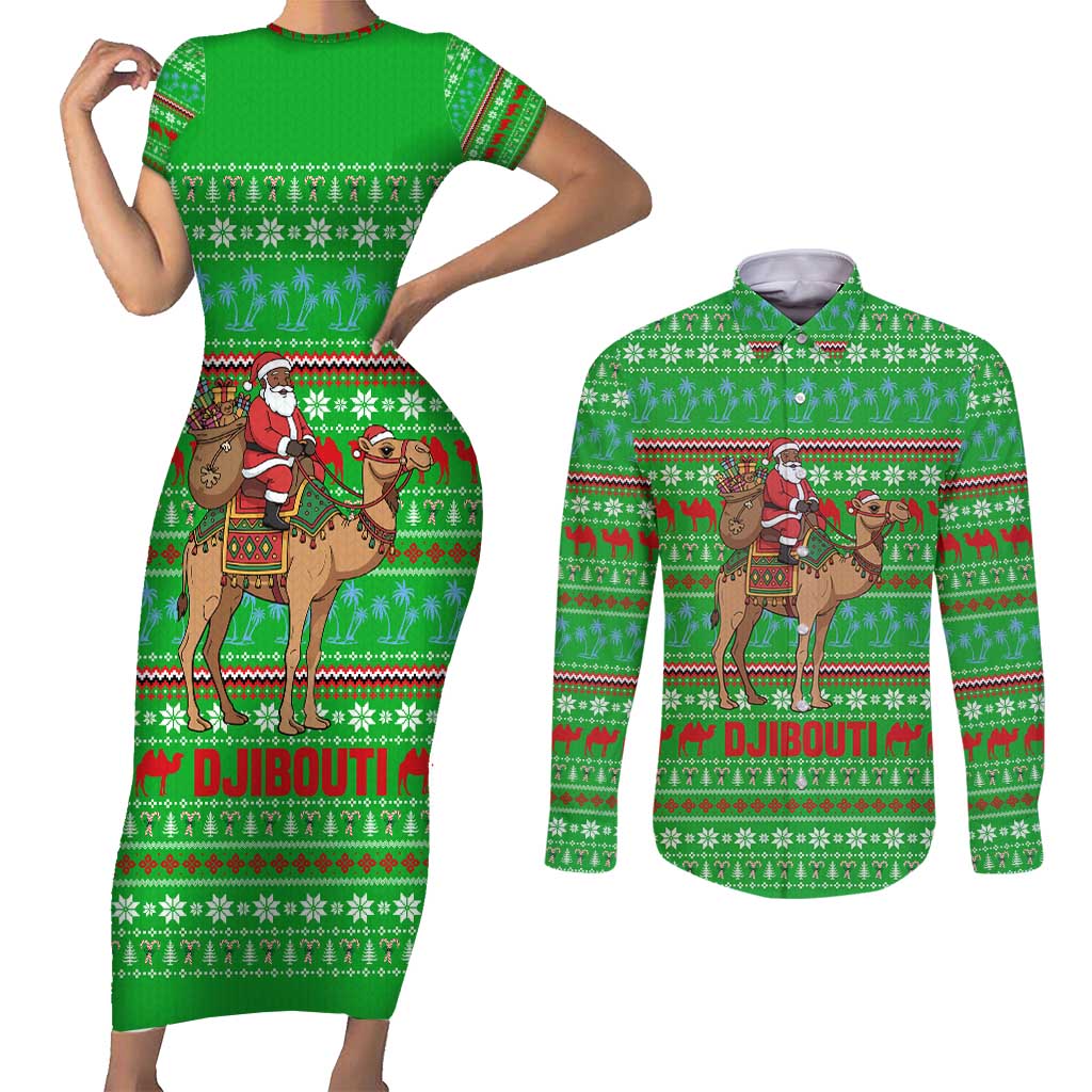 Djibouti Christmas Couples Matching Short Sleeve Bodycon Dress and Long Sleeve Button Shirt with Santa Riding Camel Palm Trees Red Camel - Wonder Print Shop