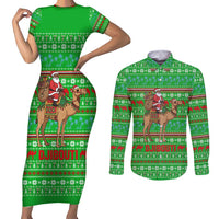 Djibouti Christmas Couples Matching Short Sleeve Bodycon Dress and Long Sleeve Button Shirt with Santa Riding Camel Palm Trees Red Camel - Wonder Print Shop