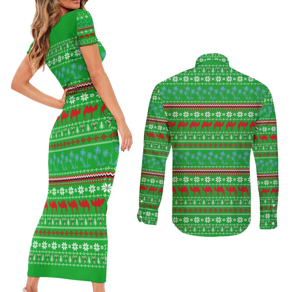 Djibouti Christmas Couples Matching Short Sleeve Bodycon Dress and Long Sleeve Button Shirt with Santa Riding Camel Palm Trees Red Camel - Wonder Print Shop