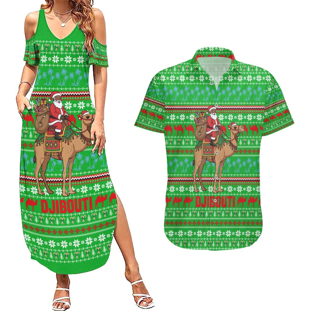 Djibouti Christmas Couples Matching Summer Maxi Dress and Hawaiian Shirt with Santa Riding Camel Palm Trees Red Camel - Wonder Print Shop