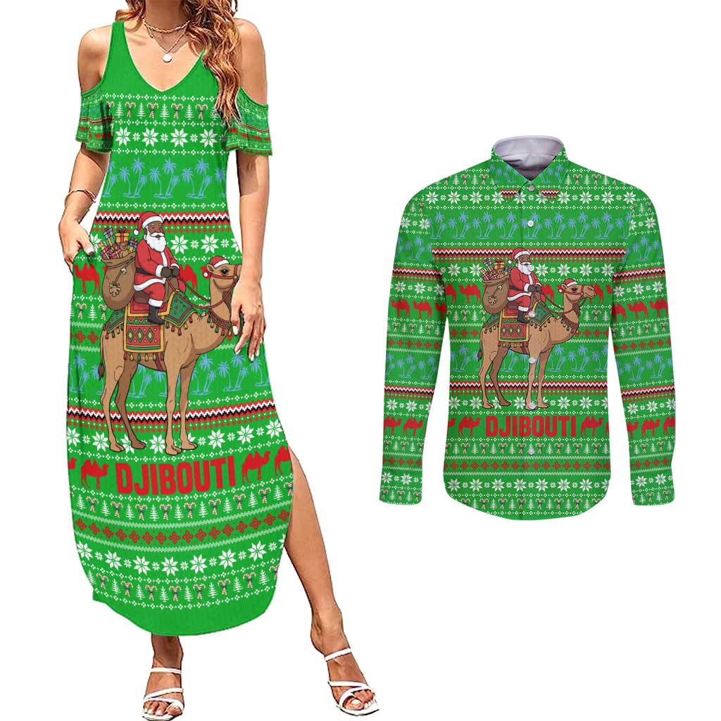 Djibouti Christmas Couples Matching Summer Maxi Dress and Long Sleeve Button Shirt with Santa Riding Camel Palm Trees Red Camel - Wonder Print Shop