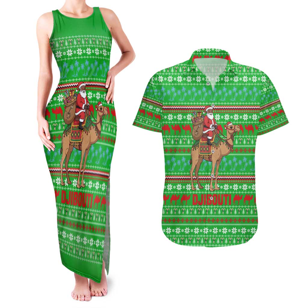 Djibouti Christmas Couples Matching Tank Maxi Dress and Hawaiian Shirt with Santa Riding Camel Palm Trees Red Camel - Wonder Print Shop