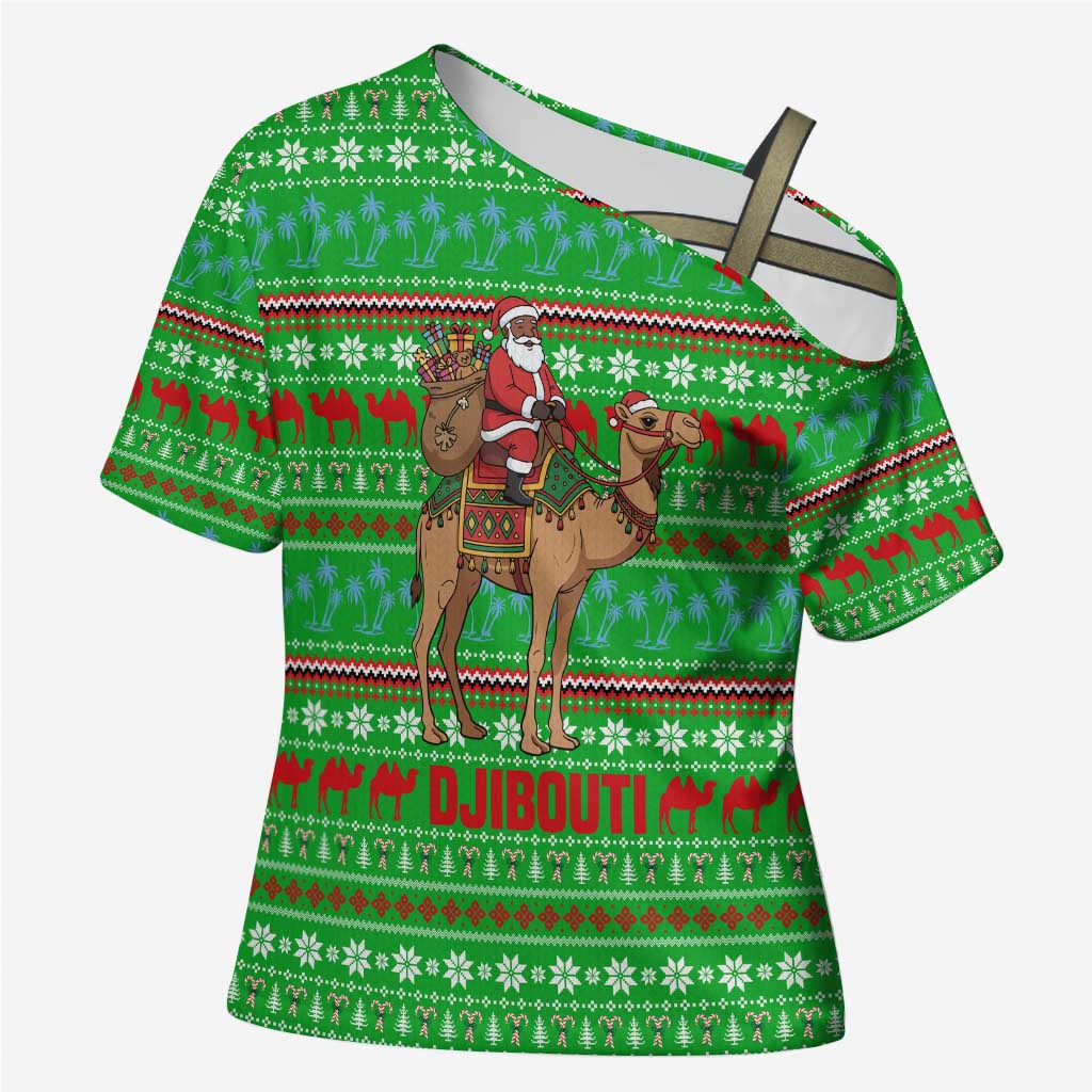 Djibouti Christmas Cross Shoulder Shirt with Santa Riding Camel Palm Trees Red Camel - Wonder Print Shop