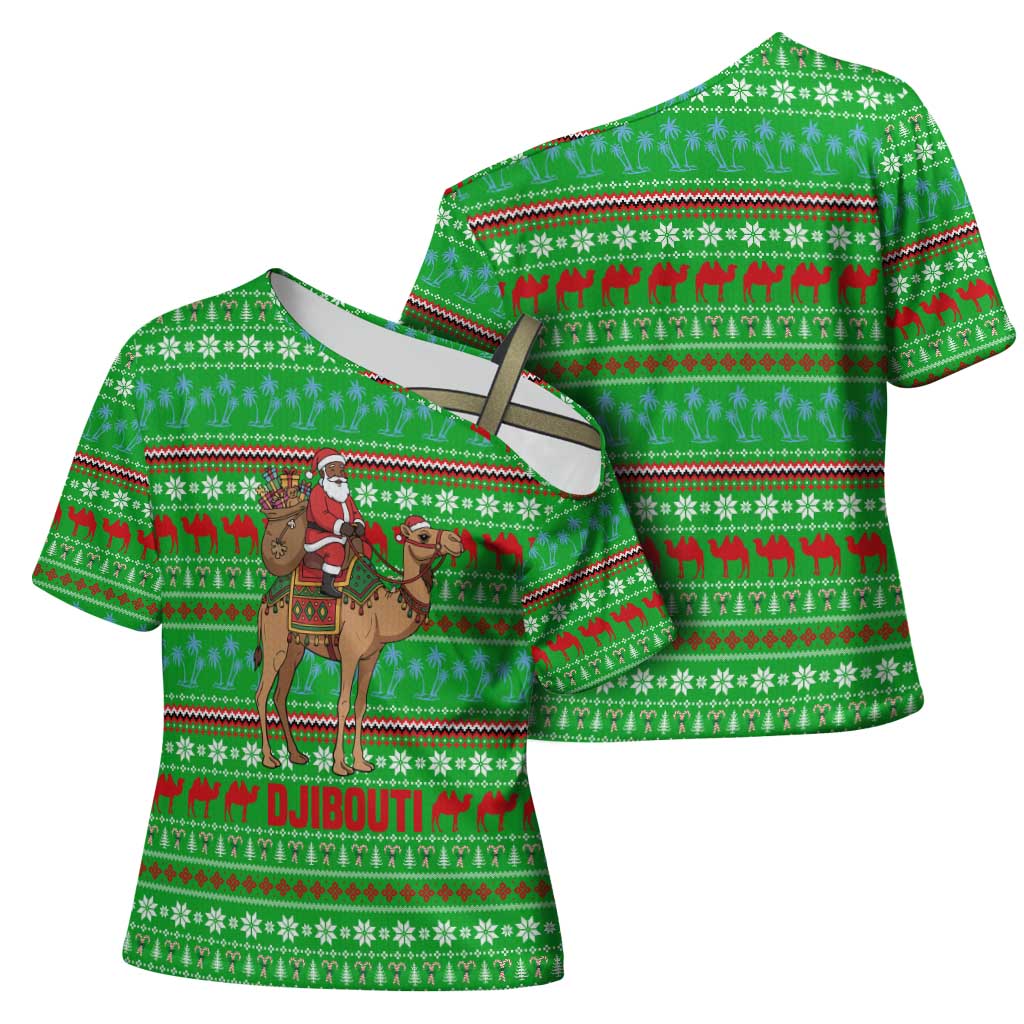 Djibouti Christmas Cross Shoulder Shirt with Santa Riding Camel Palm Trees Red Camel - Wonder Print Shop