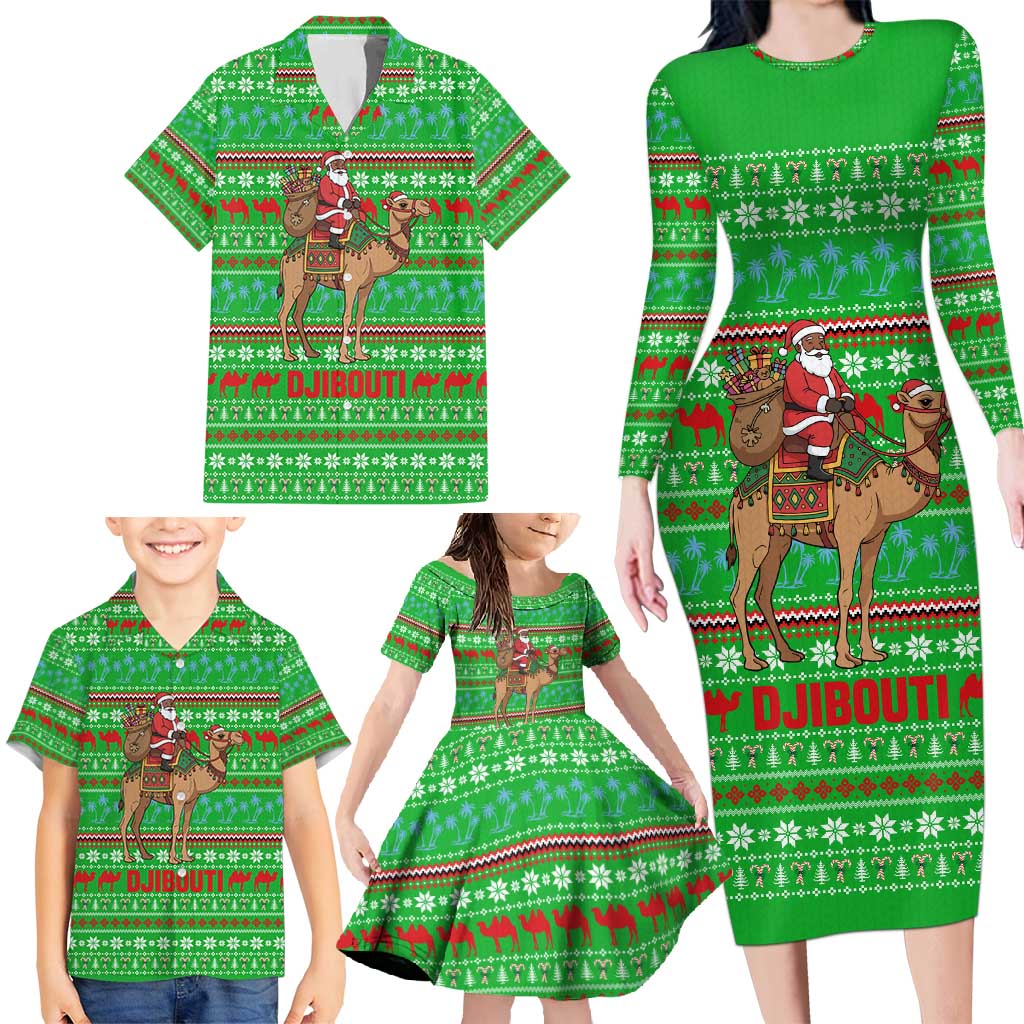 Djibouti Christmas Family Matching Long Sleeve Bodycon Dress and Hawaiian Shirt with Santa Riding Camel Palm Trees Red Camel - Wonder Print Shop