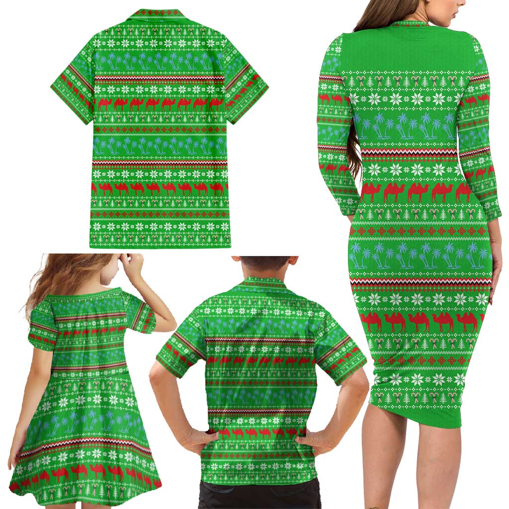 Djibouti Christmas Family Matching Long Sleeve Bodycon Dress and Hawaiian Shirt with Santa Riding Camel Palm Trees Red Camel - Wonder Print Shop