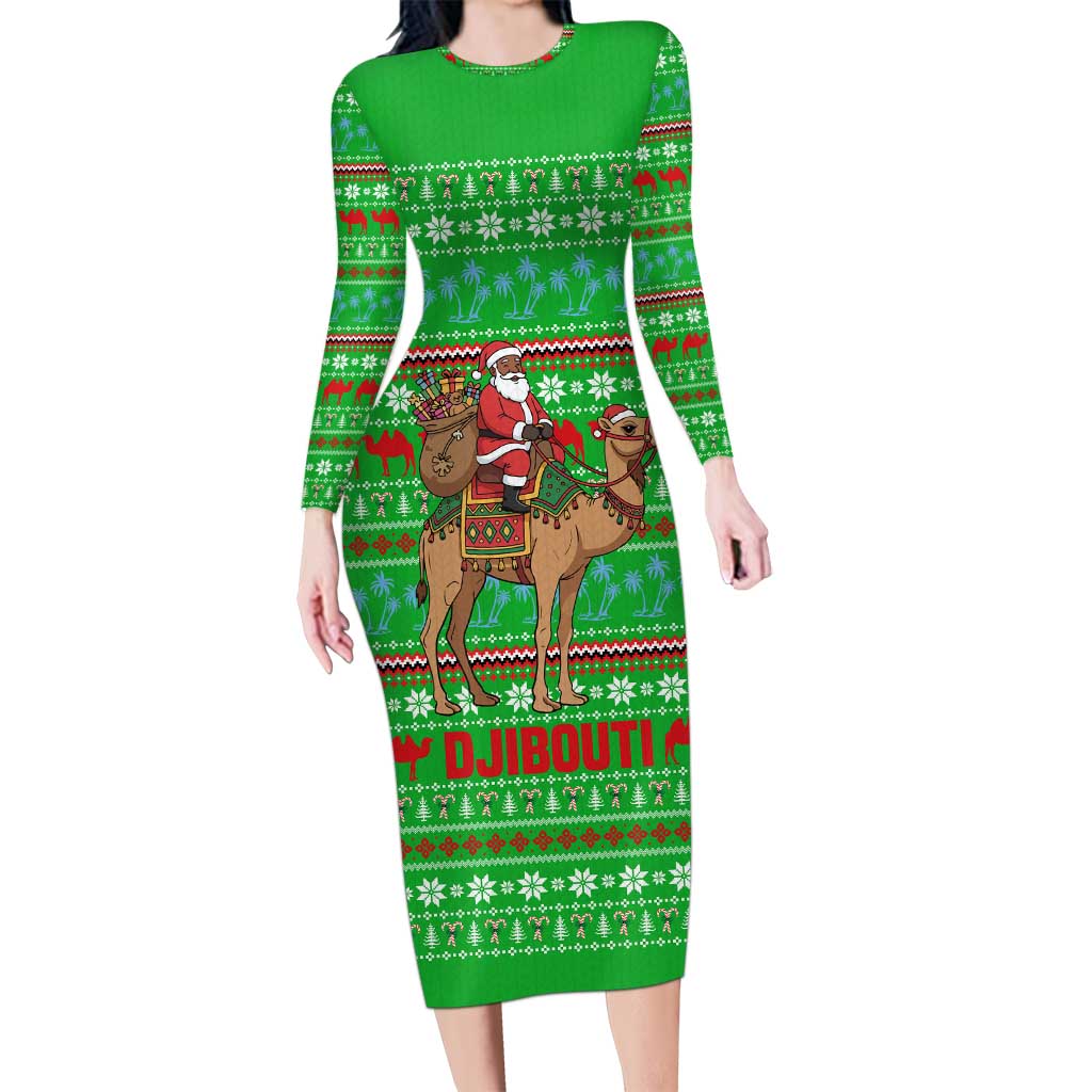 Djibouti Christmas Family Matching Long Sleeve Bodycon Dress and Hawaiian Shirt with Santa Riding Camel Palm Trees Red Camel - Wonder Print Shop