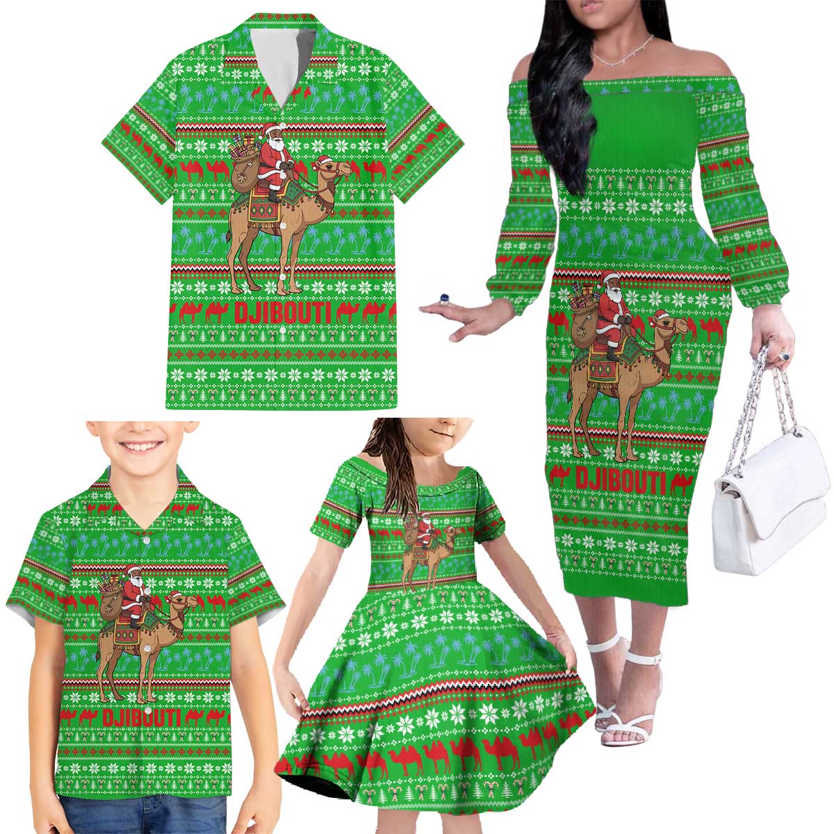 Djibouti Christmas Family Matching Off The Shoulder Long Sleeve Dress and Hawaiian Shirt with Santa Riding Camel Palm Trees Red Camel - Wonder Print Shop