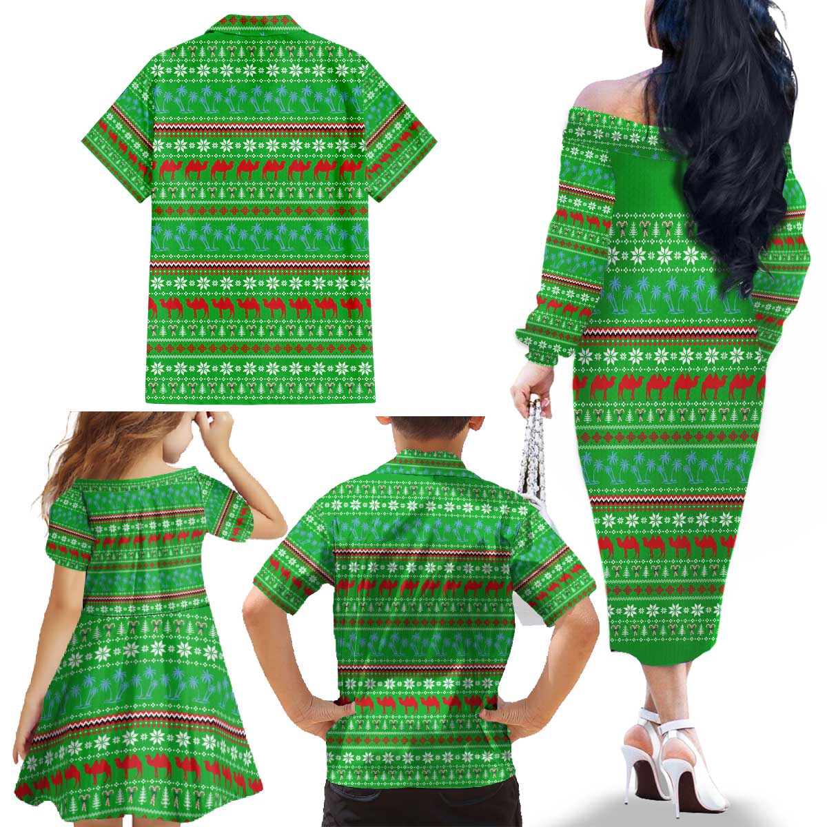 Djibouti Christmas Family Matching Off The Shoulder Long Sleeve Dress and Hawaiian Shirt with Santa Riding Camel Palm Trees Red Camel - Wonder Print Shop