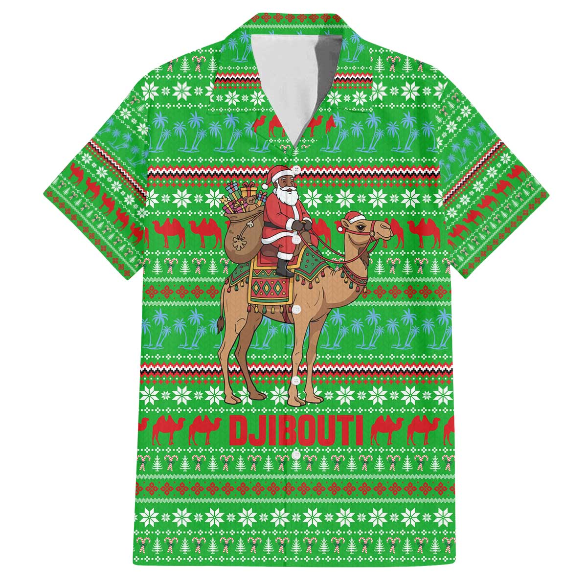 Djibouti Christmas Family Matching Off The Shoulder Long Sleeve Dress and Hawaiian Shirt with Santa Riding Camel Palm Trees Red Camel - Wonder Print Shop