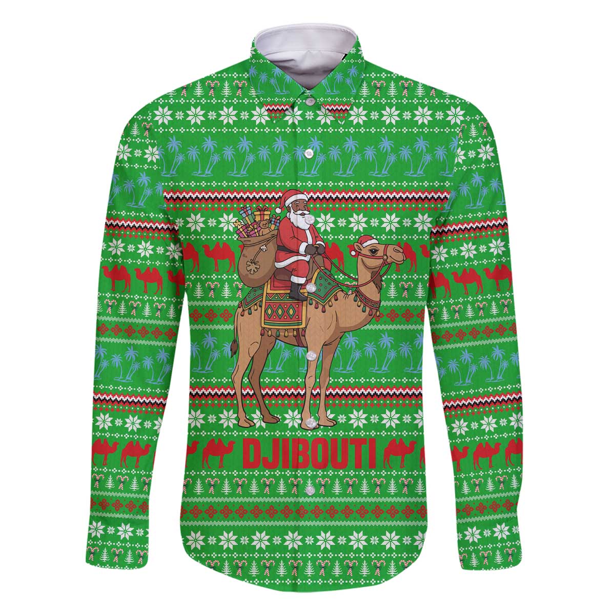Djibouti Christmas Family Matching Off The Shoulder Long Sleeve Dress and Hawaiian Shirt with Santa Riding Camel Palm Trees Red Camel - Wonder Print Shop