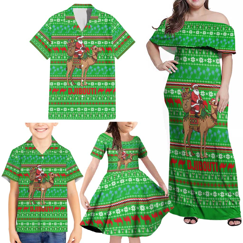 Djibouti Christmas Family Matching Off Shoulder Maxi Dress and Hawaiian Shirt with Santa Riding Camel Palm Trees Red Camel - Wonder Print Shop
