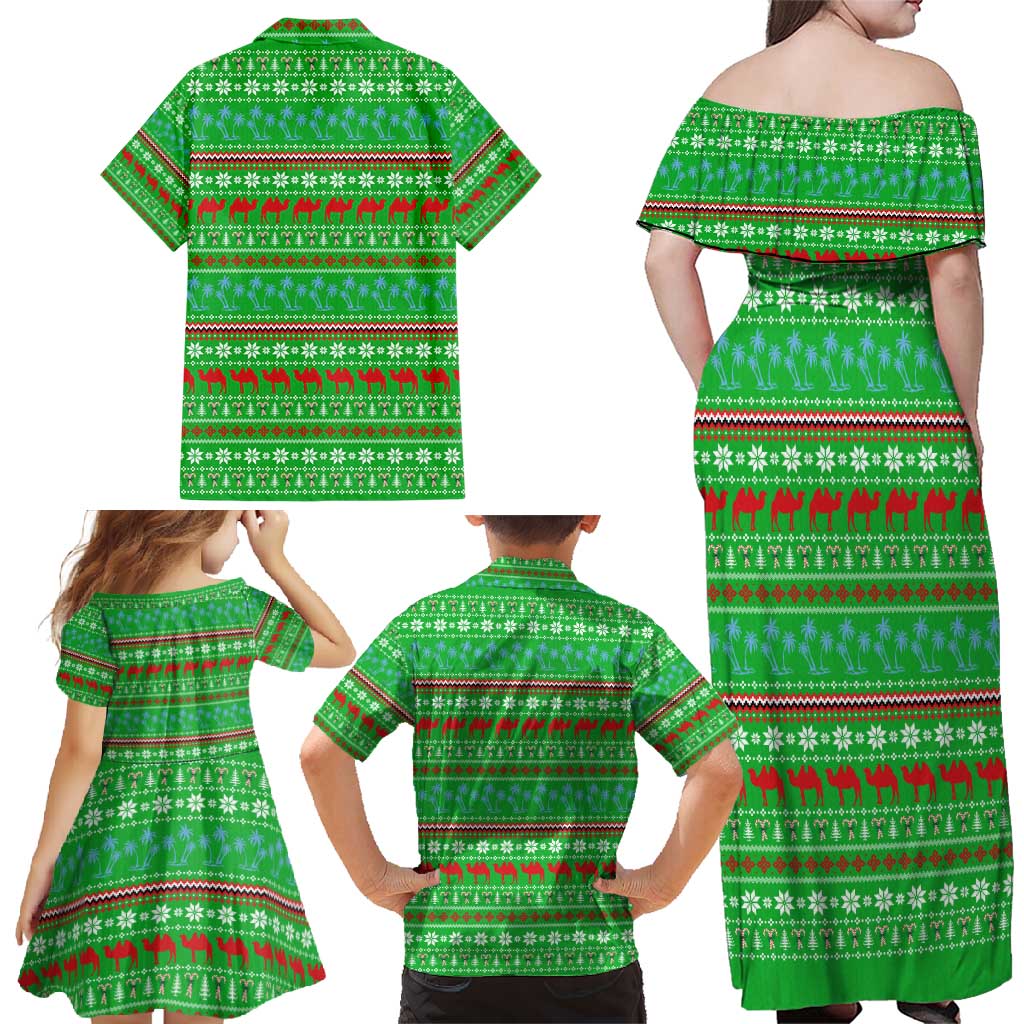 Djibouti Christmas Family Matching Off Shoulder Maxi Dress and Hawaiian Shirt with Santa Riding Camel Palm Trees Red Camel - Wonder Print Shop