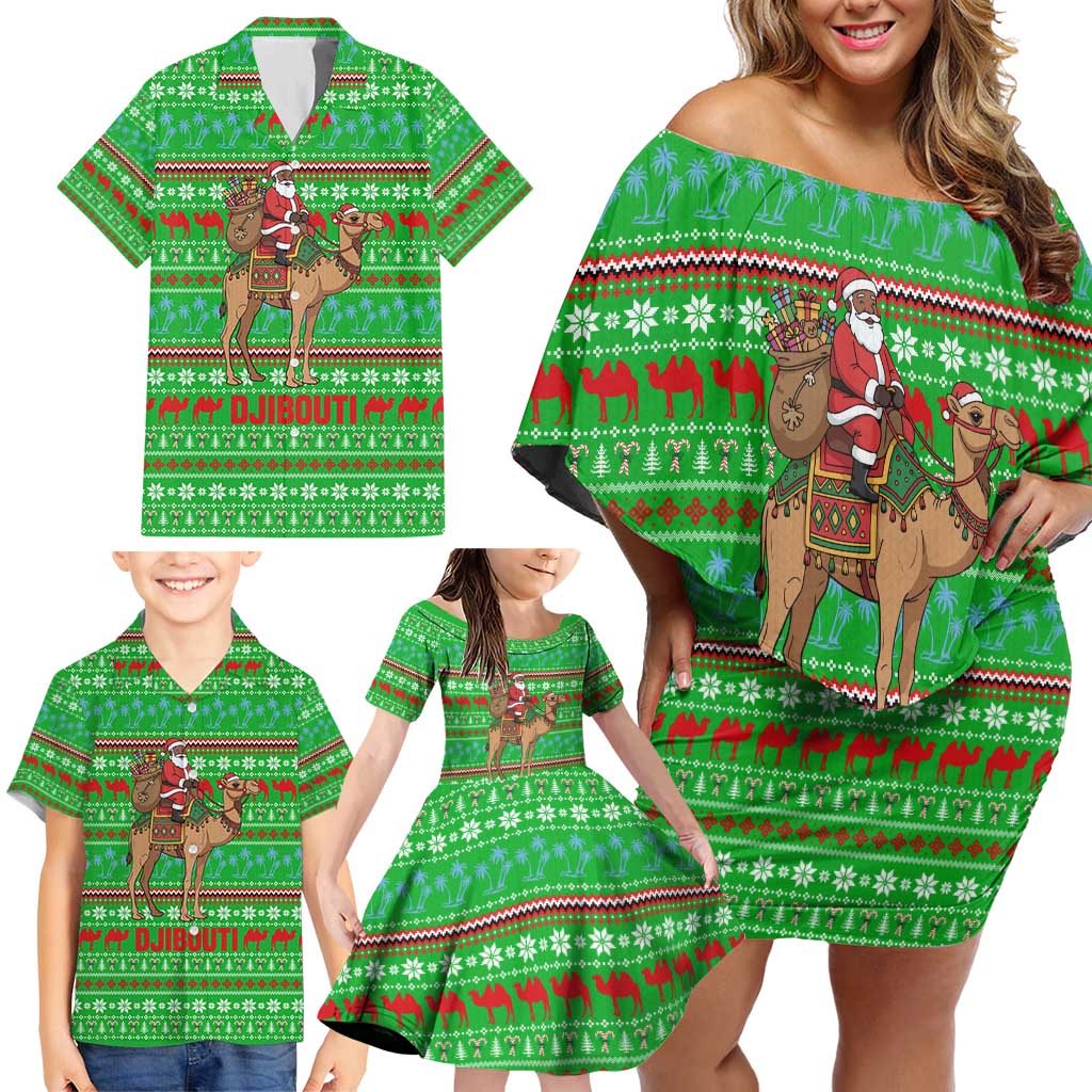 Djibouti Christmas Family Matching Off Shoulder Short Dress and Hawaiian Shirt with Santa Riding Camel Palm Trees Red Camel - Wonder Print Shop