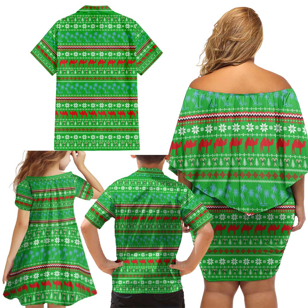 Djibouti Christmas Family Matching Off Shoulder Short Dress and Hawaiian Shirt with Santa Riding Camel Palm Trees Red Camel - Wonder Print Shop