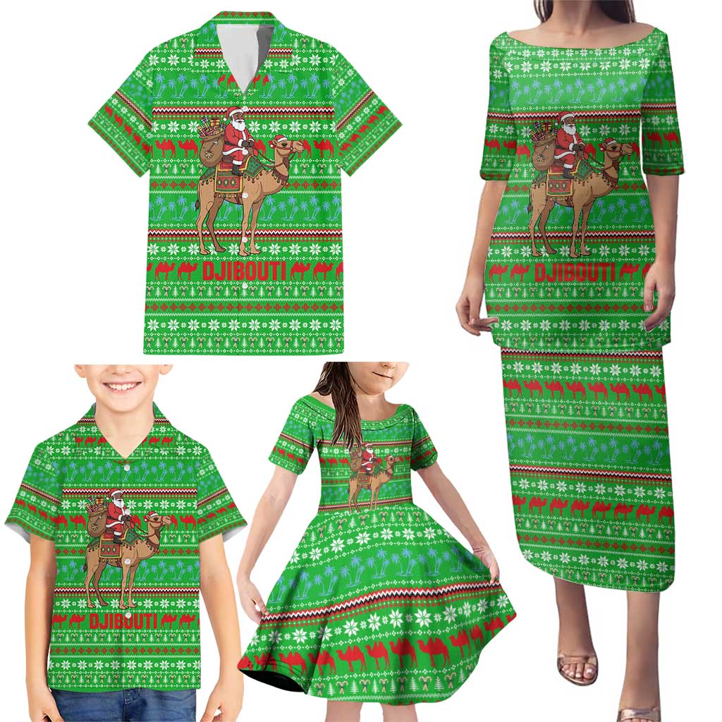 Djibouti Christmas Family Matching Puletasi and Hawaiian Shirt with Santa Riding Camel Palm Trees Red Camel - Wonder Print Shop