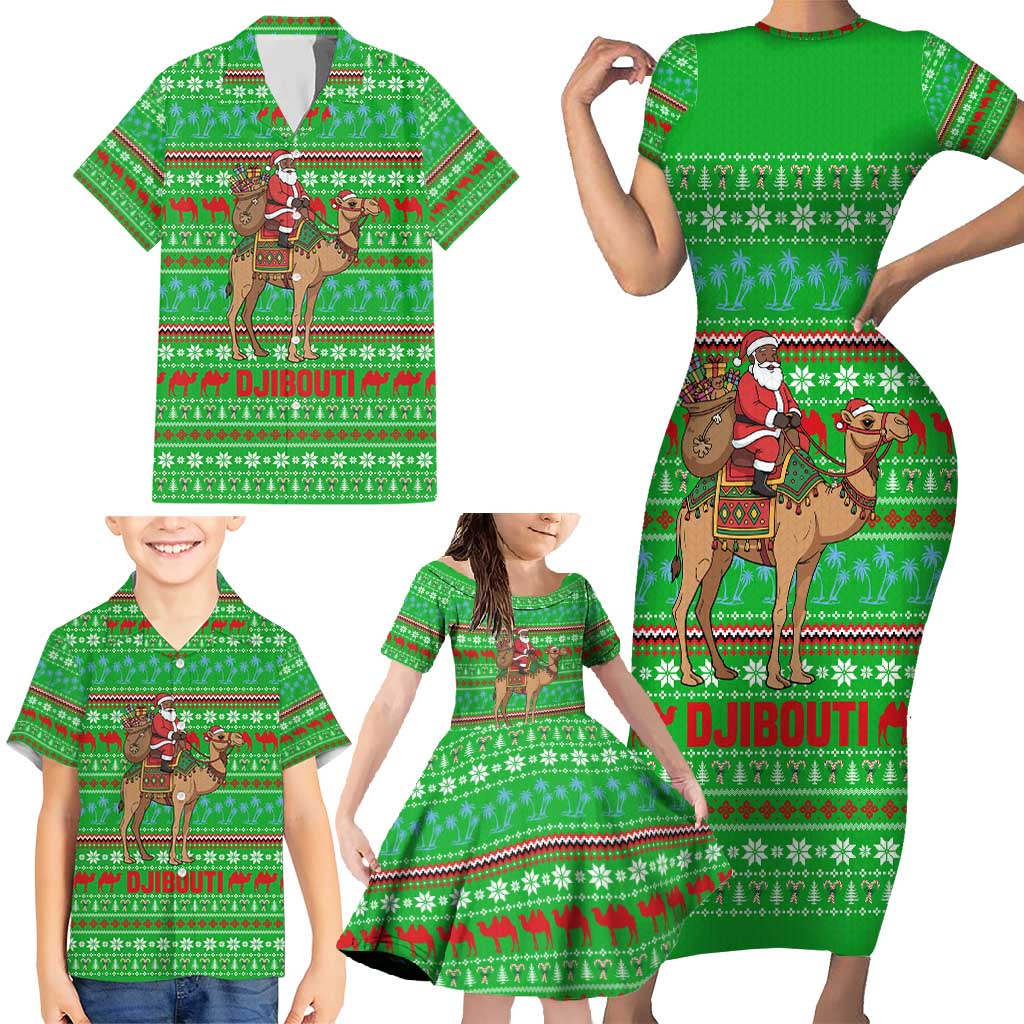 Djibouti Christmas Family Matching Short Sleeve Bodycon Dress and Hawaiian Shirt with Santa Riding Camel Palm Trees Red Camel - Wonder Print Shop