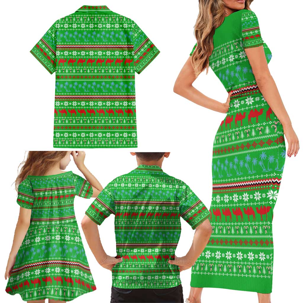 Djibouti Christmas Family Matching Short Sleeve Bodycon Dress and Hawaiian Shirt with Santa Riding Camel Palm Trees Red Camel - Wonder Print Shop
