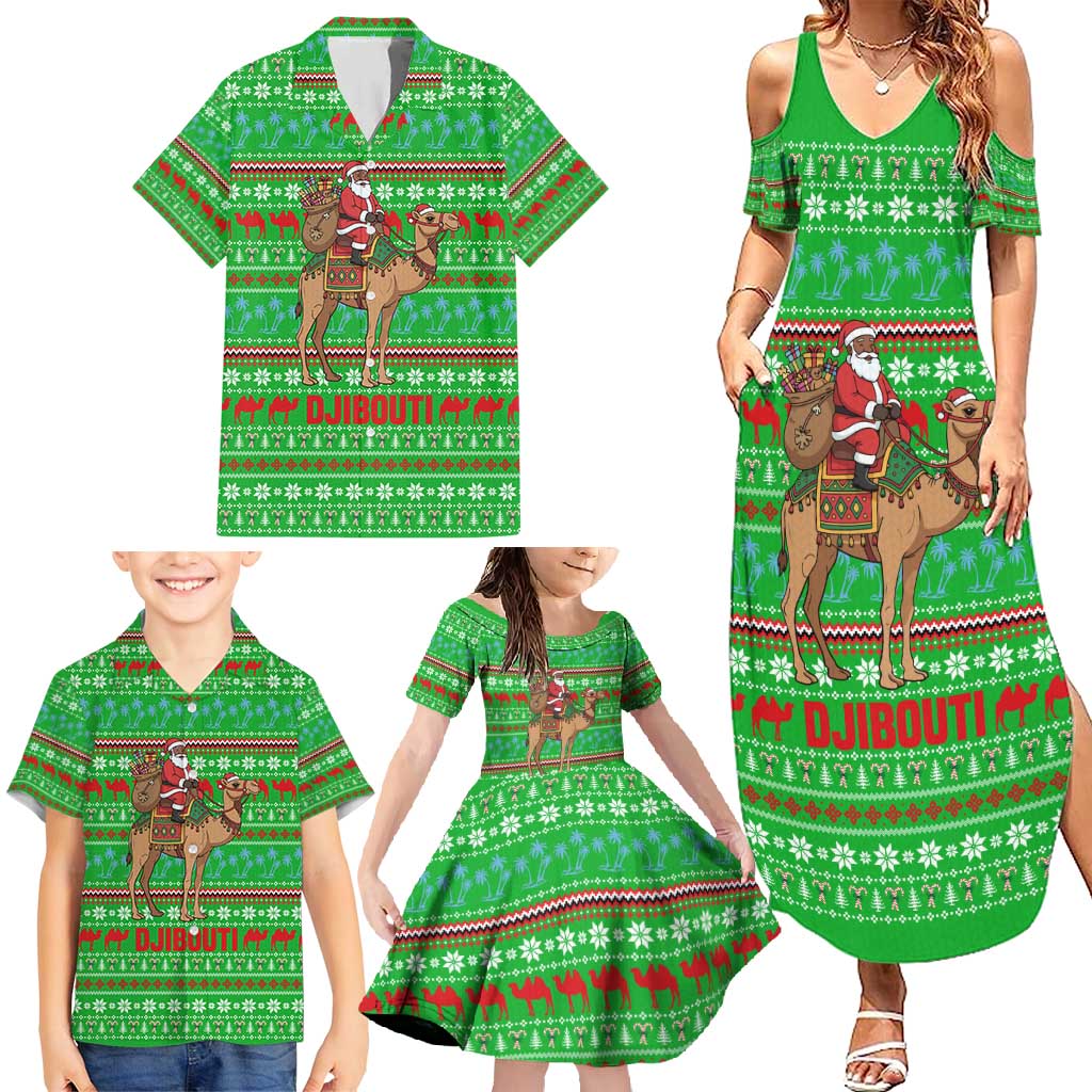 Djibouti Christmas Family Matching Summer Maxi Dress and Hawaiian Shirt with Santa Riding Camel Palm Trees Red Camel - Wonder Print Shop