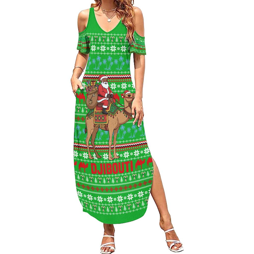 Djibouti Christmas Family Matching Summer Maxi Dress and Hawaiian Shirt with Santa Riding Camel Palm Trees Red Camel - Wonder Print Shop