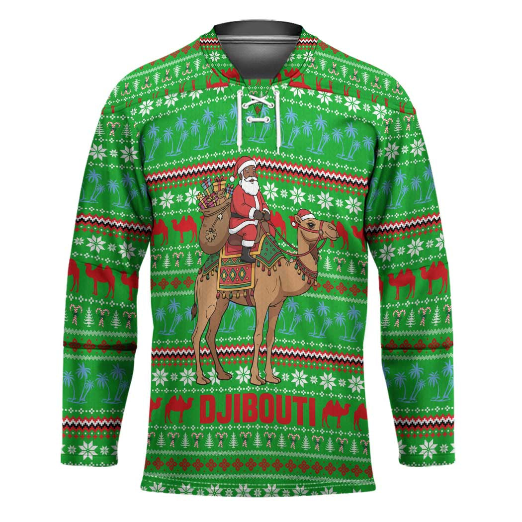 Djibouti Christmas Hockey Jersey with Santa Riding Camel Palm Trees Red Camel - Wonder Print Shop