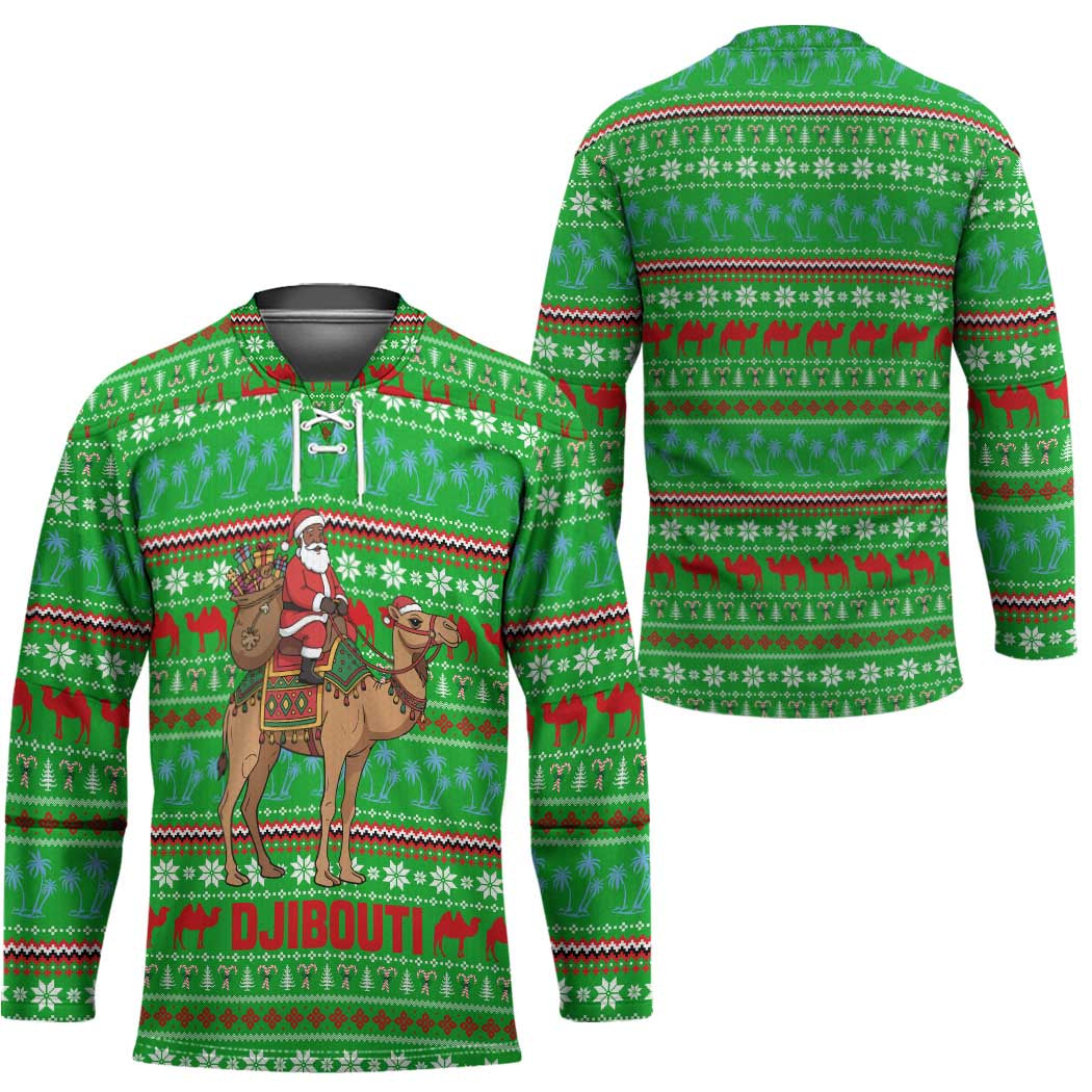 Djibouti Christmas Hockey Jersey with Santa Riding Camel Palm Trees Red Camel - Wonder Print Shop