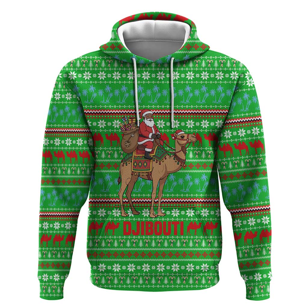 Djibouti Christmas Hoodie with Santa Riding Camel Palm Trees Red Camel - Wonder Print Shop