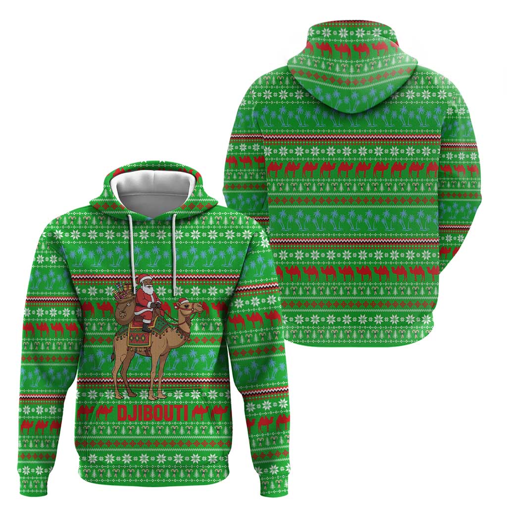 Djibouti Christmas Hoodie with Santa Riding Camel Palm Trees Red Camel - Wonder Print Shop