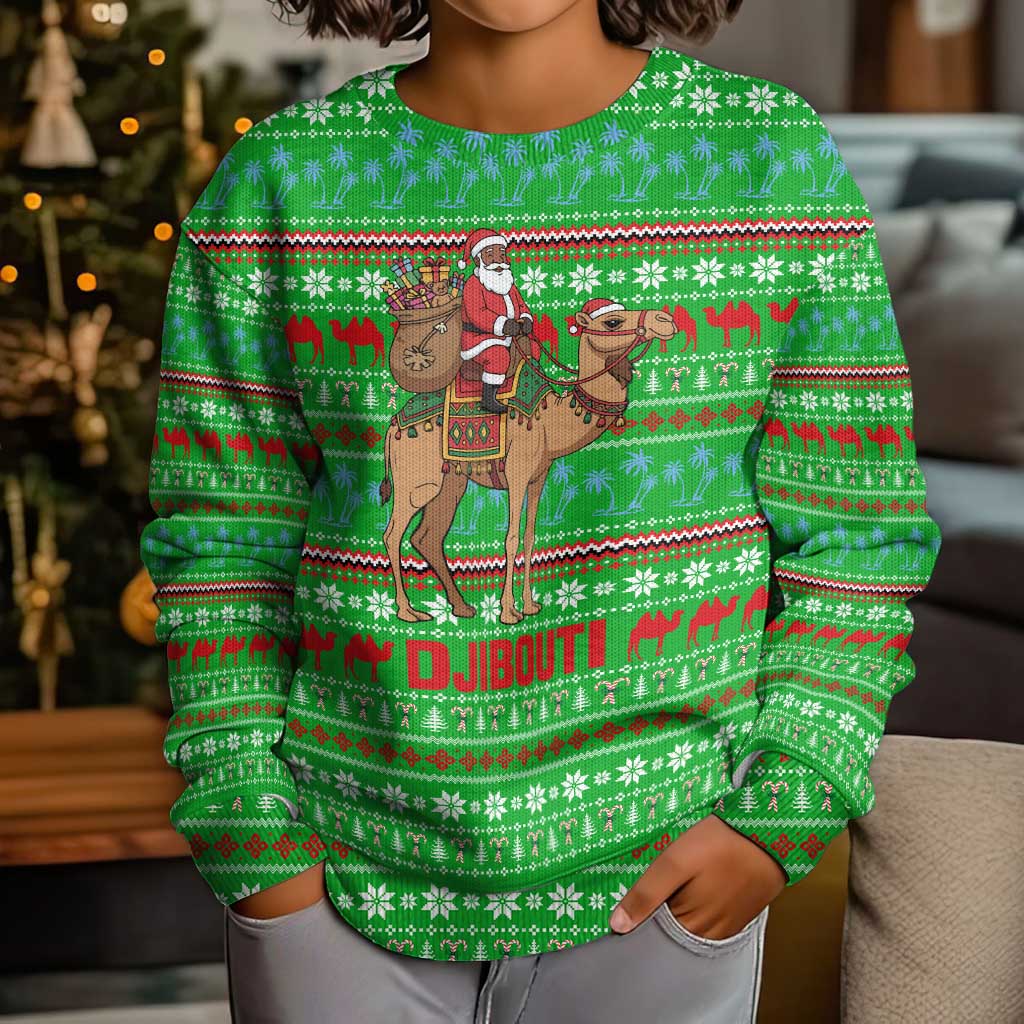 Djibouti Christmas Kid Ugly Christmas Sweater with Santa Riding Camel Palm Trees Red Camel - Wonder Print Shop