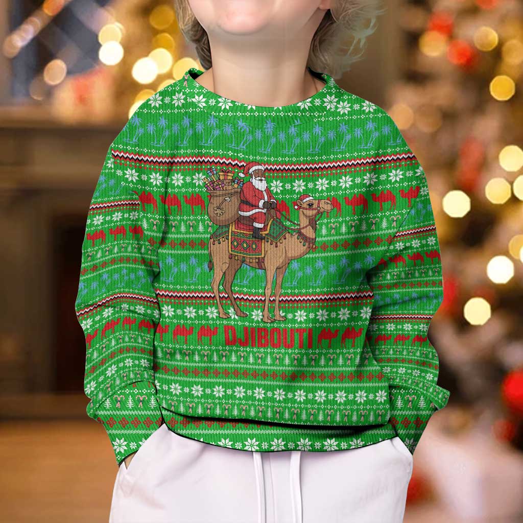 Djibouti Christmas Kid Ugly Christmas Sweater with Santa Riding Camel Palm Trees Red Camel - Wonder Print Shop