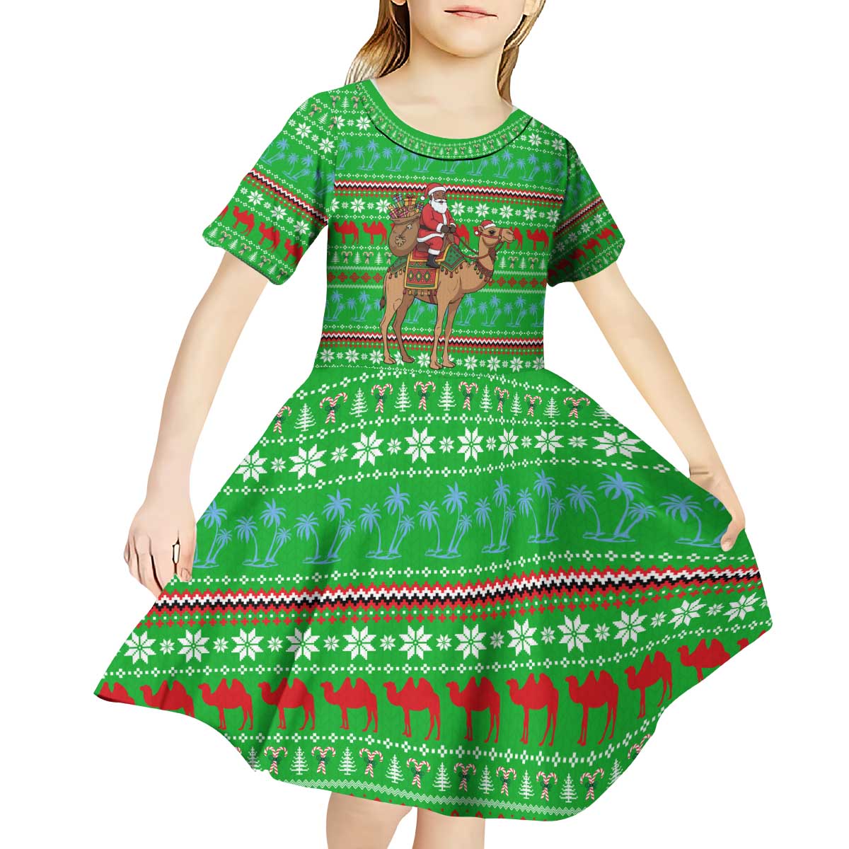 Djibouti Christmas Kid Short Sleeve Dress with Santa Riding Camel Palm Trees Red Camel - Wonder Print Shop