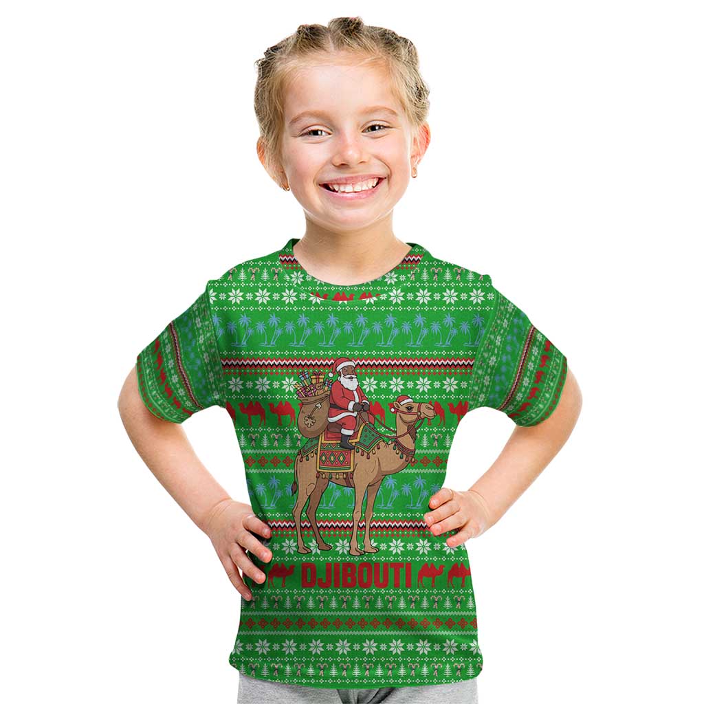 Djibouti Christmas Kid T Shirt with Santa Riding Camel Palm Trees Red Camel - Wonder Print Shop
