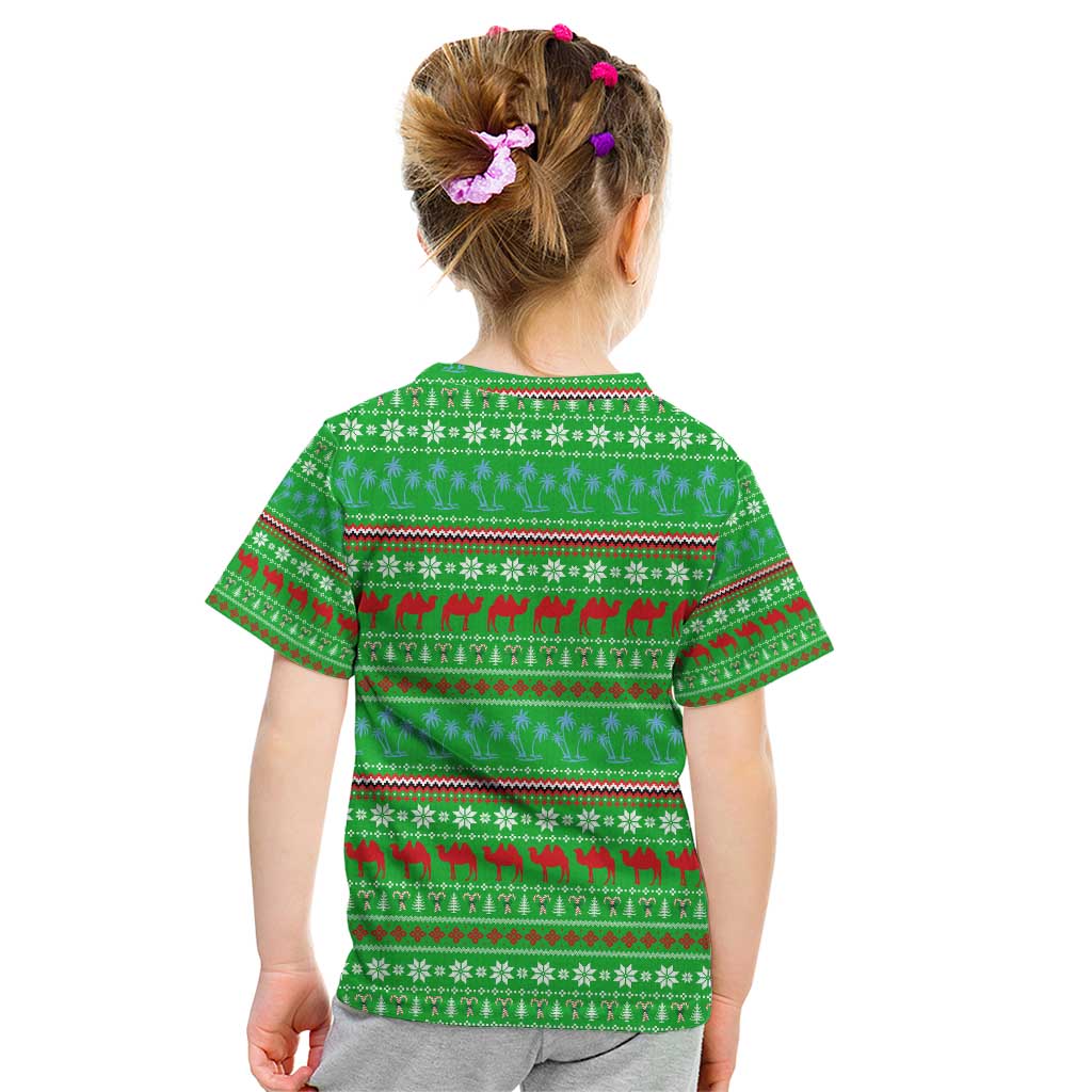 Djibouti Christmas Kid T Shirt with Santa Riding Camel Palm Trees Red Camel - Wonder Print Shop