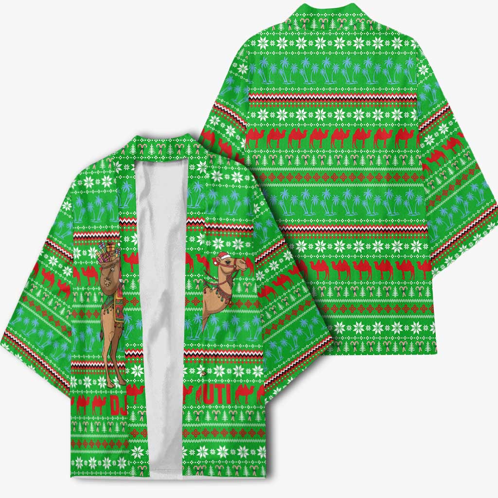 Djibouti Christmas Kimono with Santa Riding Camel Palm Trees Red Camel - Wonder Print Shop