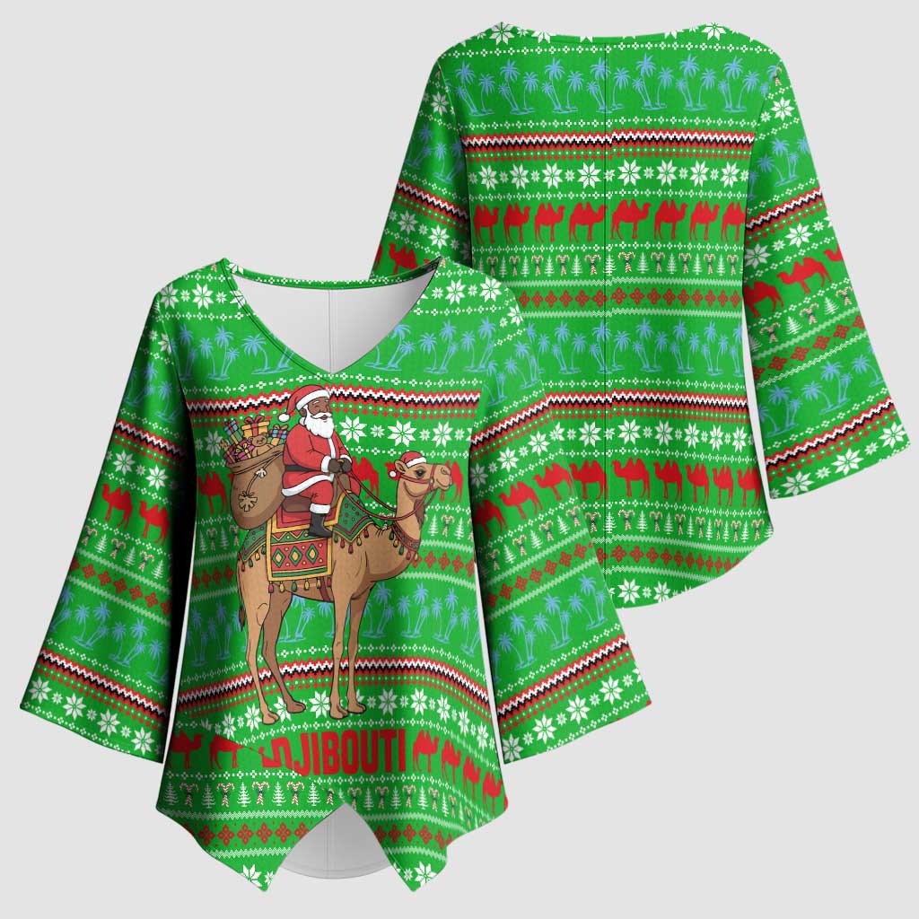 Djibouti Christmas Kimono Sleeve Blouse with Santa Riding Camel Palm Trees Red Camel - Wonder Print Shop