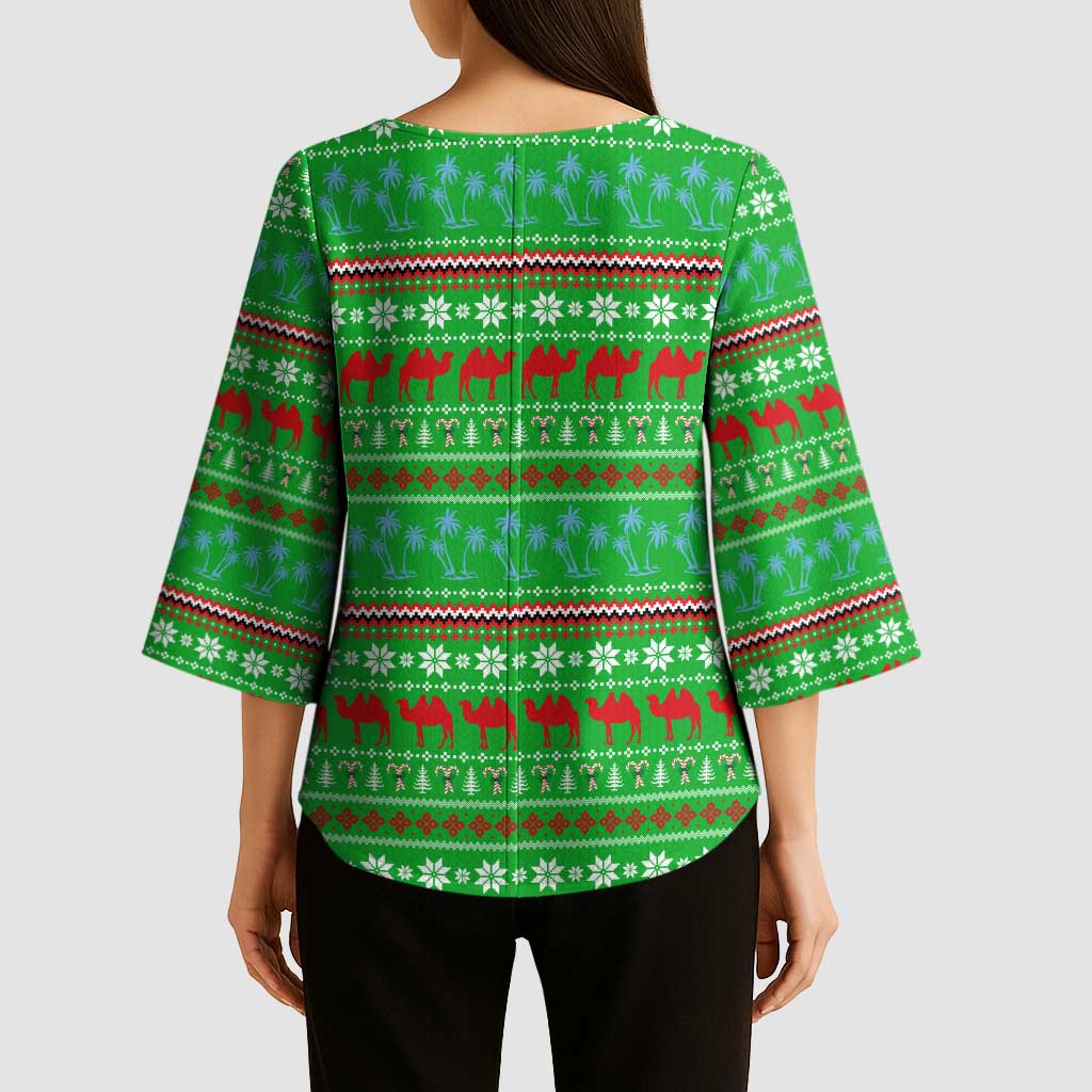 Djibouti Christmas Kimono Sleeve Blouse with Santa Riding Camel Palm Trees Red Camel - Wonder Print Shop