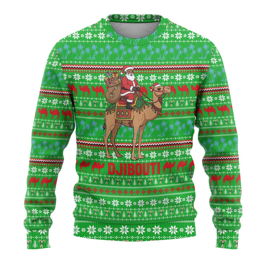Djibouti Christmas Ugly Christmas Sweater with Santa Riding Camel Palm Trees Red Camel - Wonder Print Shop