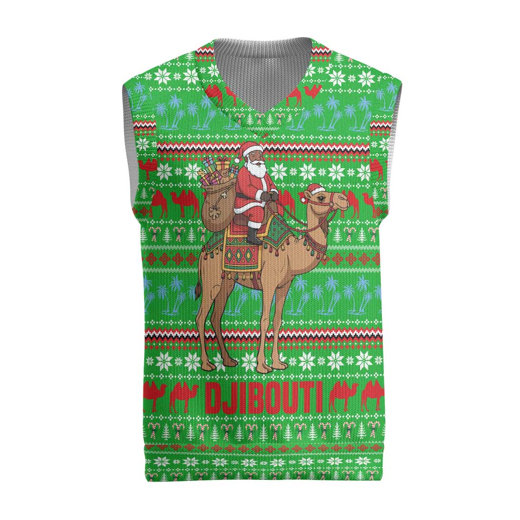 Djibouti Christmas Knitted V-Neck Vest with Santa Riding Camel Palm Trees Red Camel - Wonder Print Shop